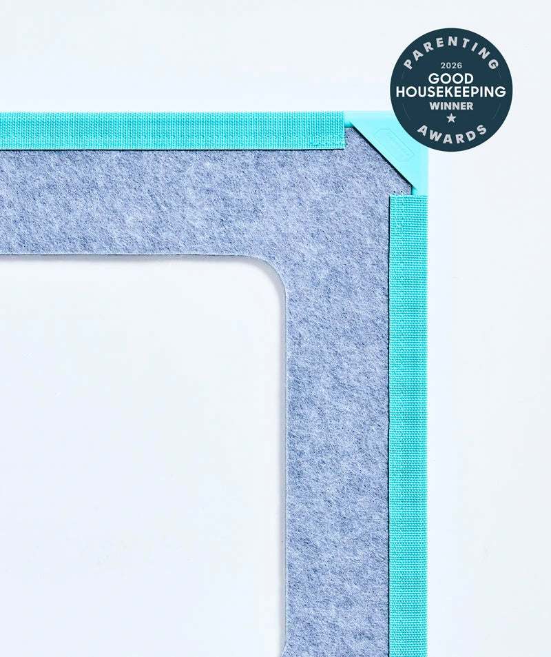 color:Turquoise | Neighborhood Bundle in Turquoise, close-up of the giant magnetic tile corner with the Good Housekeeping Parenting Awards badge