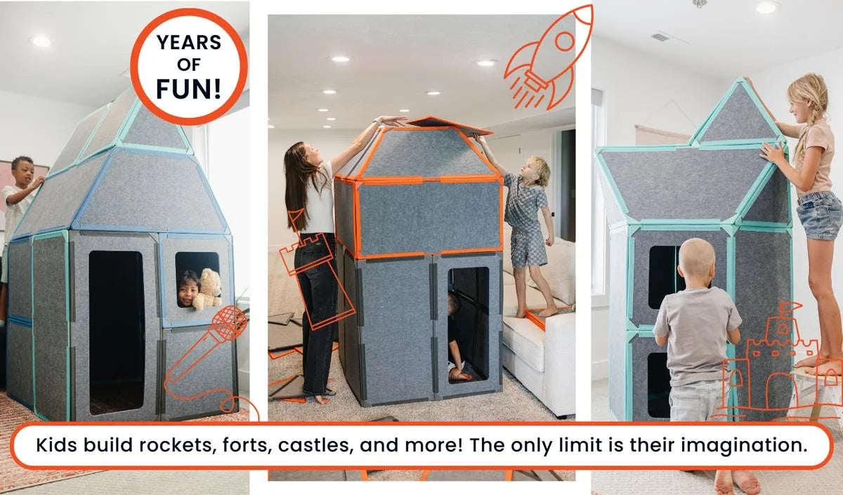 Kids engaged in creative play with The Squares Add-On Pack by Superspace, emphasizing the limitless imaginative possibilities with Superspace modular panels.
