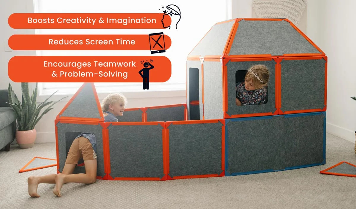 Children playing with the Superspace Squares Add-On Pack in its vibrant orange variant, constructing a large structure with magnetic panels. The image showcases key benefits: "Boosts Creativity & Imagination," "Reduces Screen Time," and "Encourages Teamwork & Problem-Solving." Perfect for open-ended, imaginative play that promotes cognitive and social development.