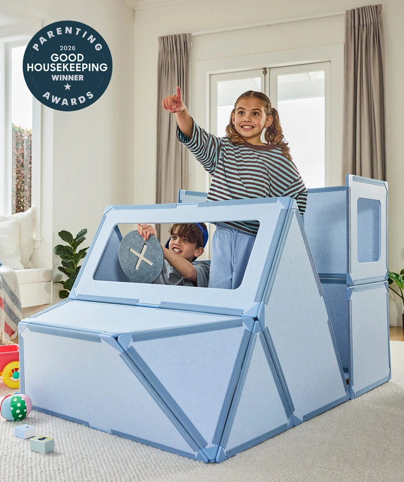 color:Sea Mist | Kids playing in a life-size fort built with Sea Mist giant magnetic tiles from The Big Set