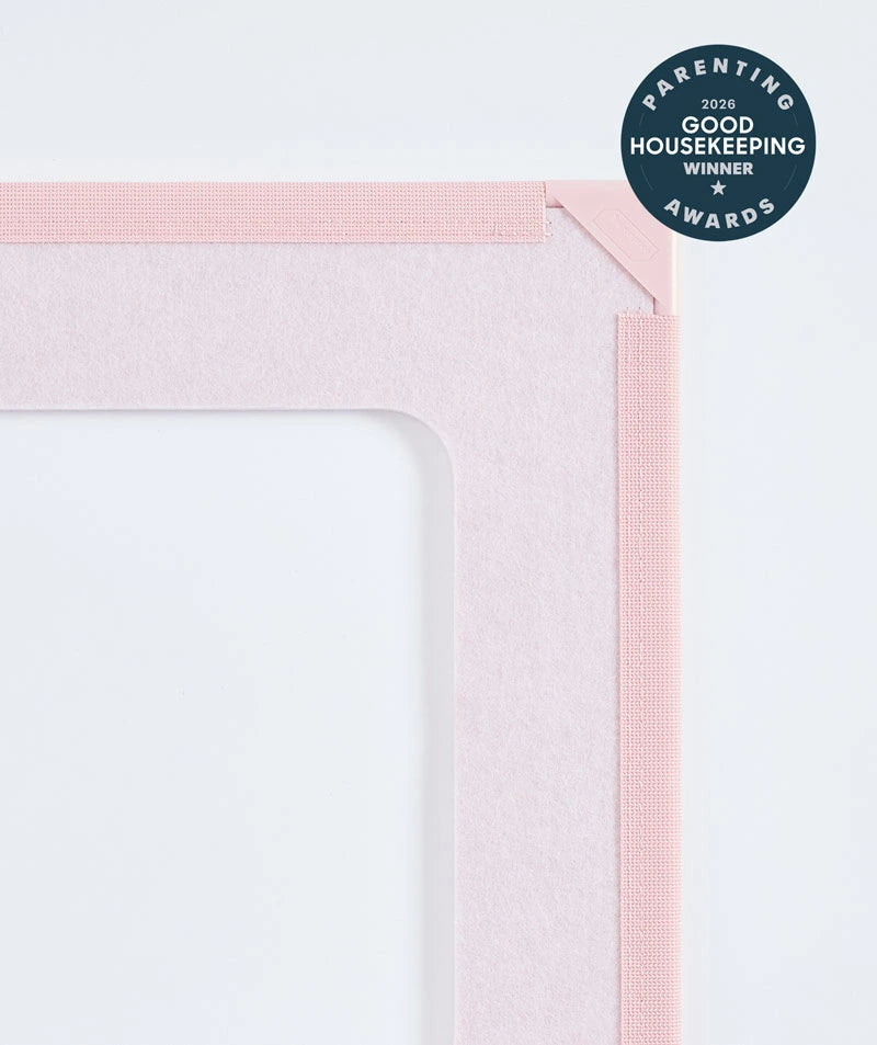 color:Marshmallow | Neighborhood Bundle in Marshmallow, close-up of the giant magnetic tile corner with the Good Housekeeping Parenting Awards badge